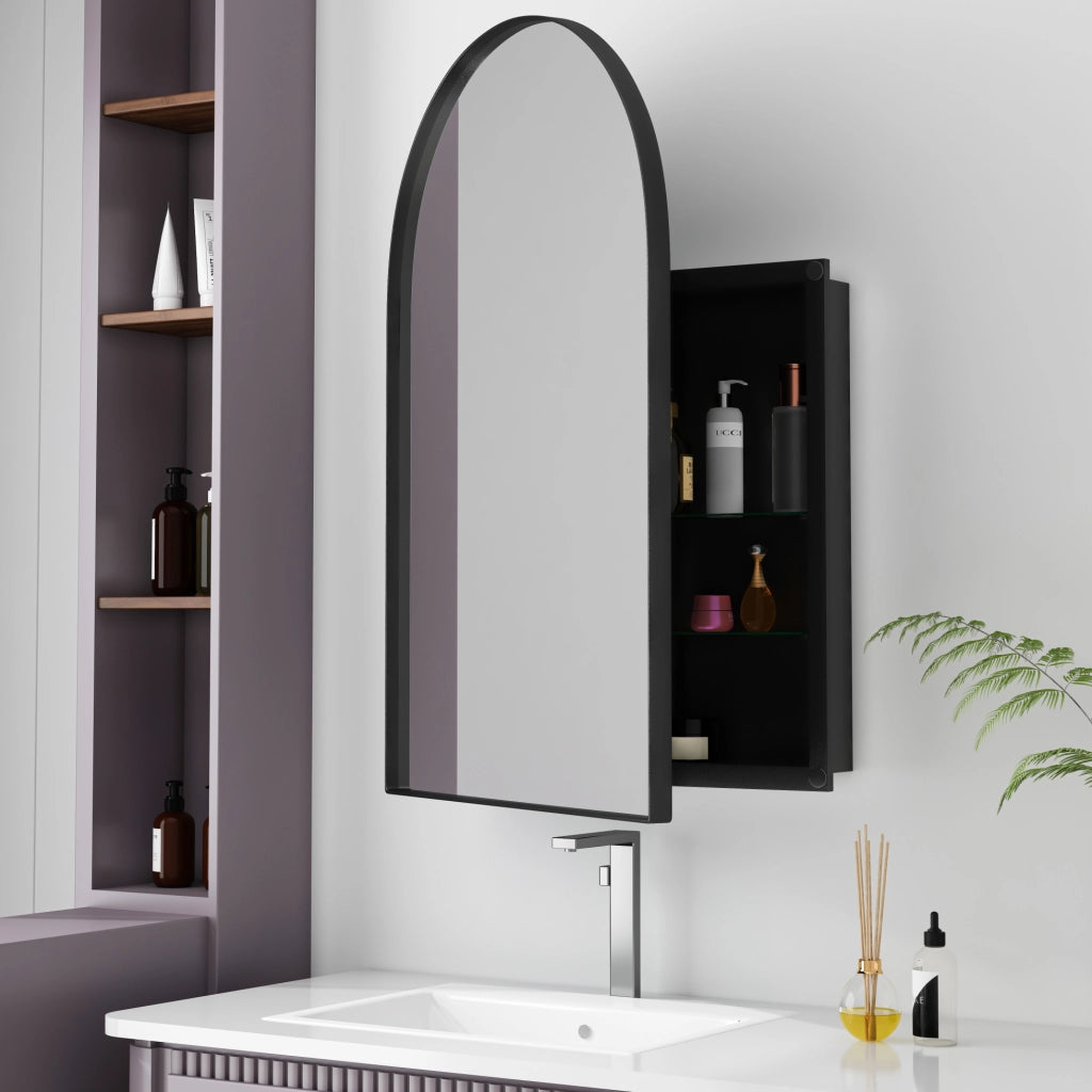 Mobile specchio ad arco 91x61x12 cm, metallo nero, da parete o a incasso