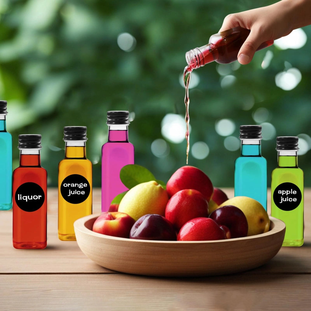 32 mini-bottiglie da 50 ml, in plastica, riutilizzabili, complete di accessori