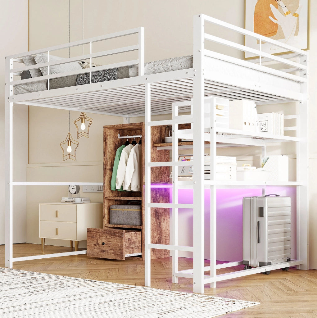Letto a soppalco 140 × 200 cm con scrivania; cassetto; ripiani e LED; bianco