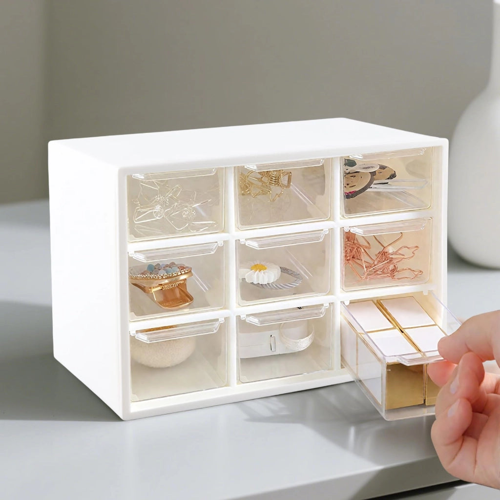 Contenitore con 9 cassetti, set da 6, 18x12x10 cm, bianco