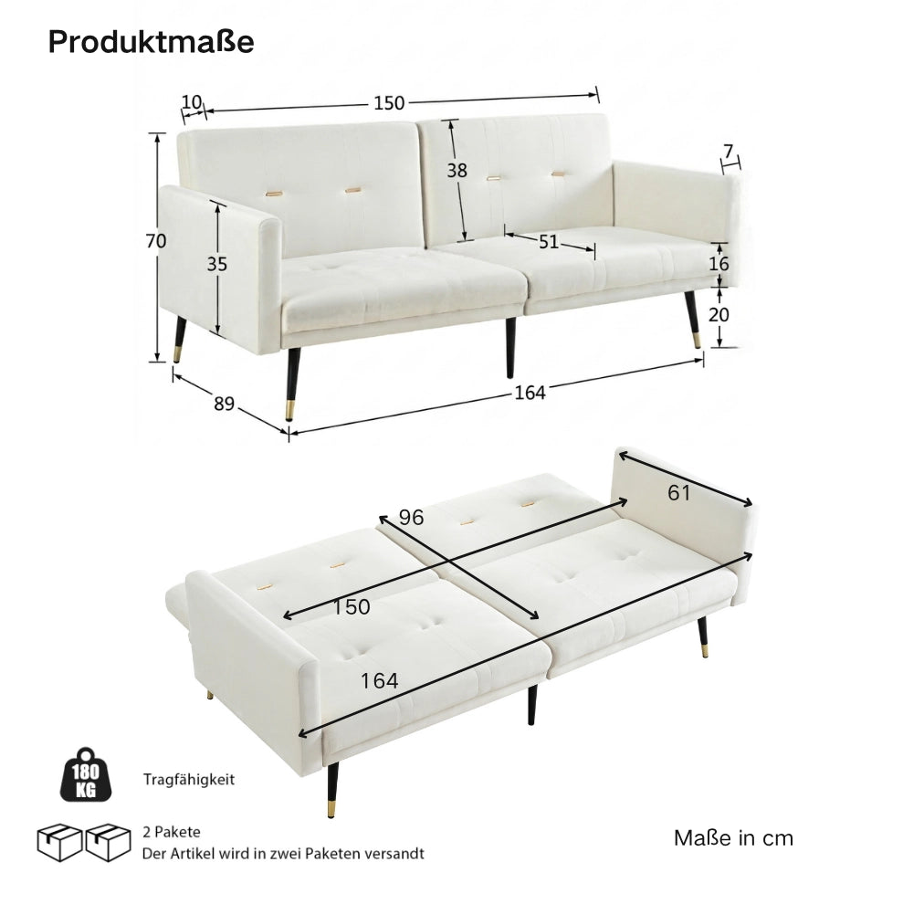 Divano letto 2 posti in velluto beige, schienali regolabili