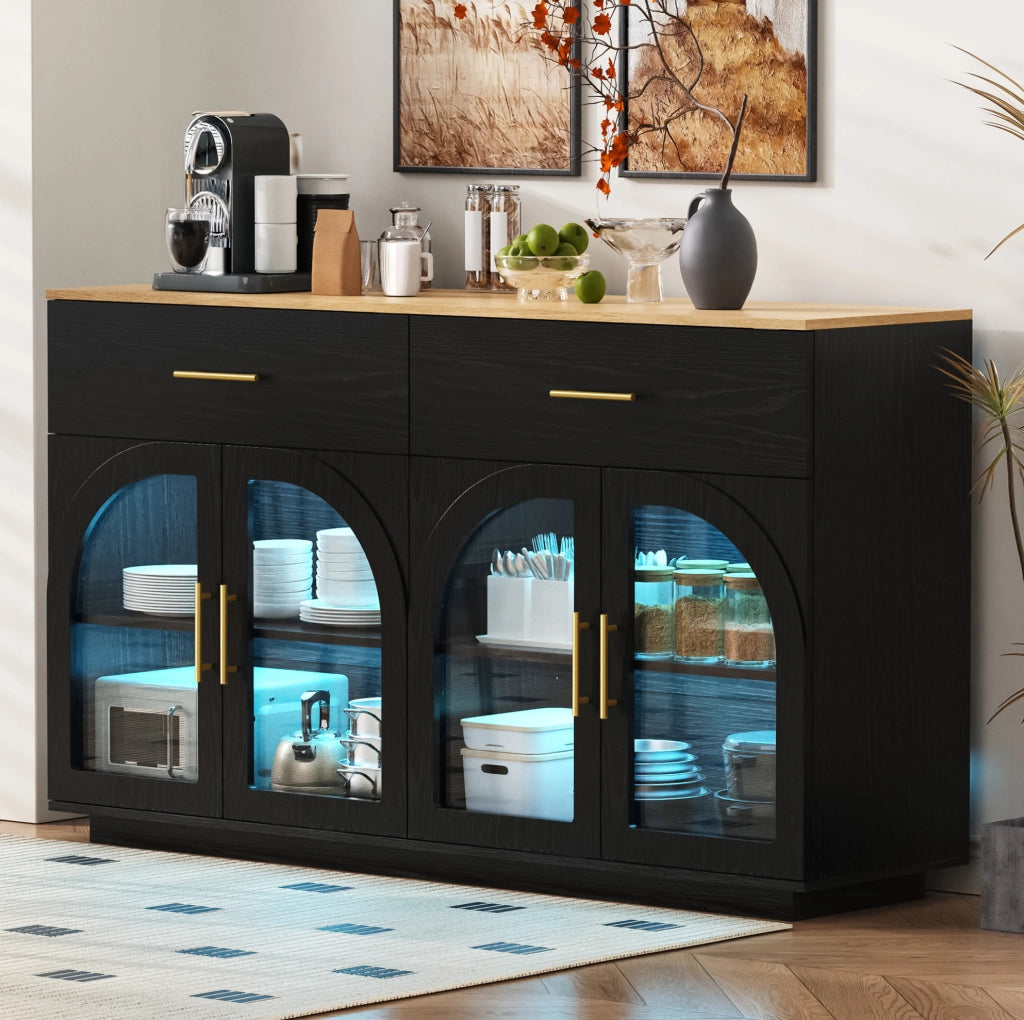 Credenza da cucina con LED, 2 cassetti e 4 ante, nero e naturale