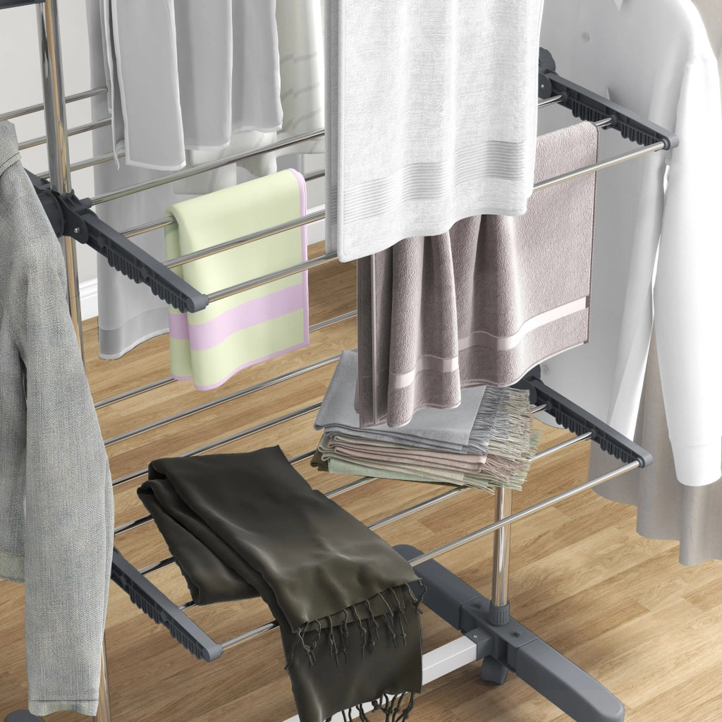 Stendino pieghevole con ruote 142x55x152 cm acciaio grigio, 3 livelli
