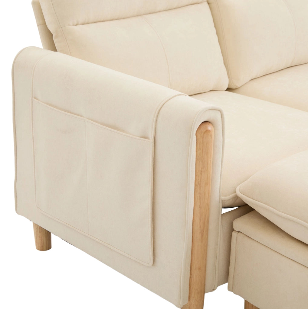 Divano modulare a 4 posti in ciniglia beige con 2 pouf contenitore