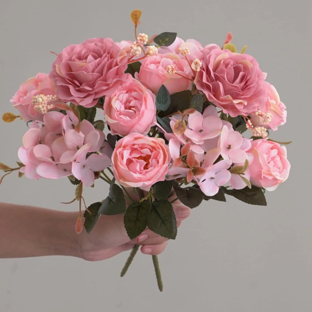 Composizione floreale artificiale, set da 2, con peonie di seta rosa e ortensie, altezza 29 cm