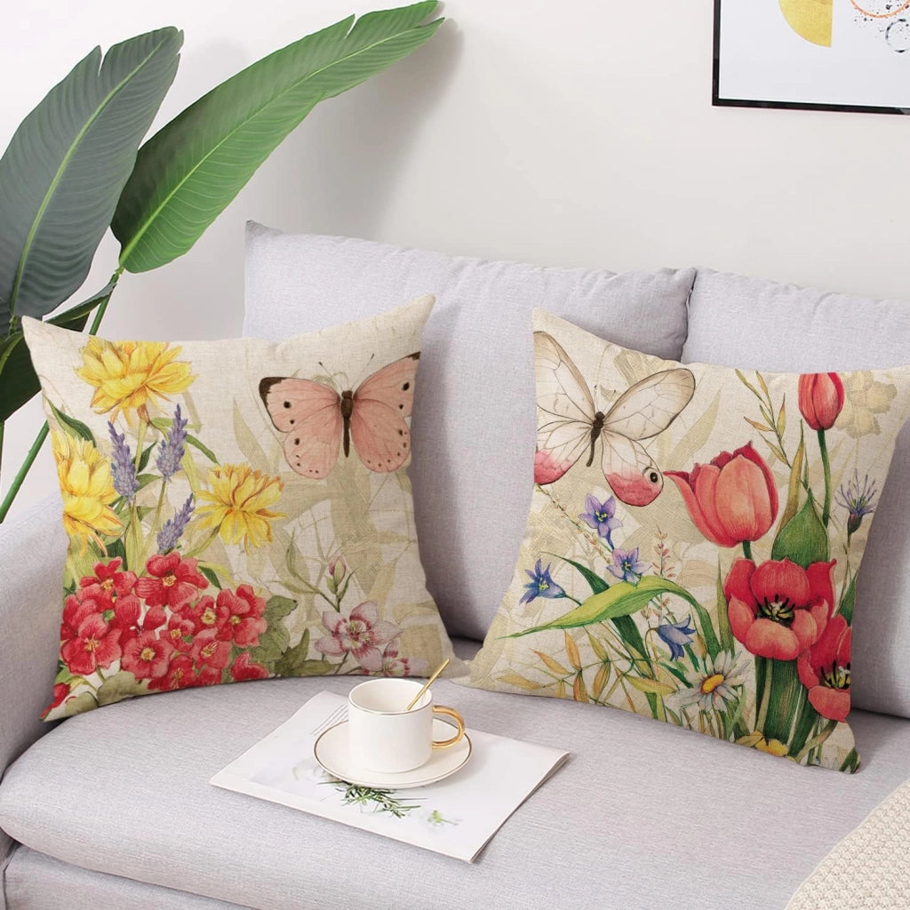 Set di 2 federe per cuscini, 45x45 cm, in lino, con motivo floreale