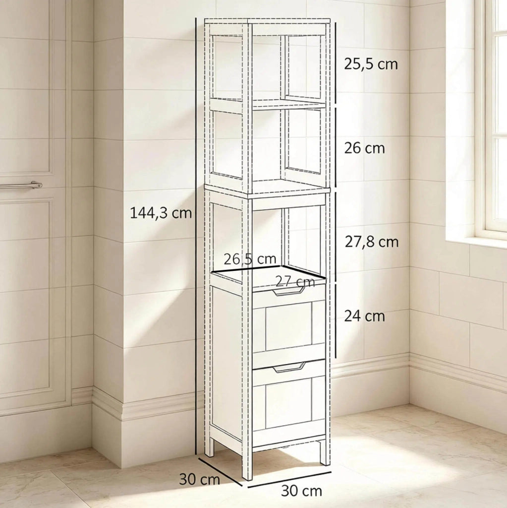 Colonna bagno 30x30x144,3 cm bambù nero, con 2 cassetti