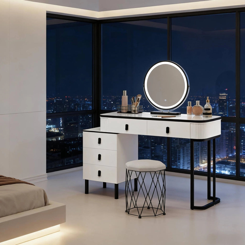 Toeletta con specchio LED, 5 cassetti e sgabello bianco e nero