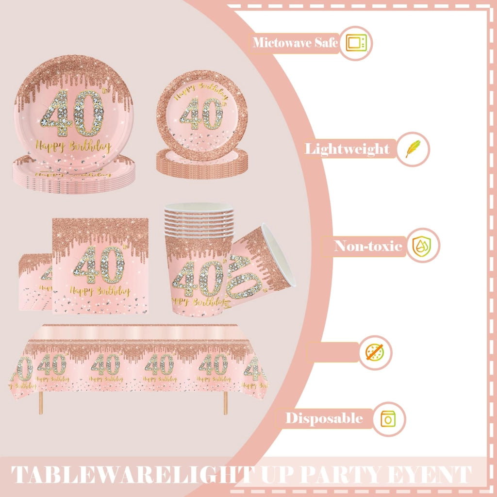 Set di stoviglie per compleanno, color oro rosa, 40 pezzi