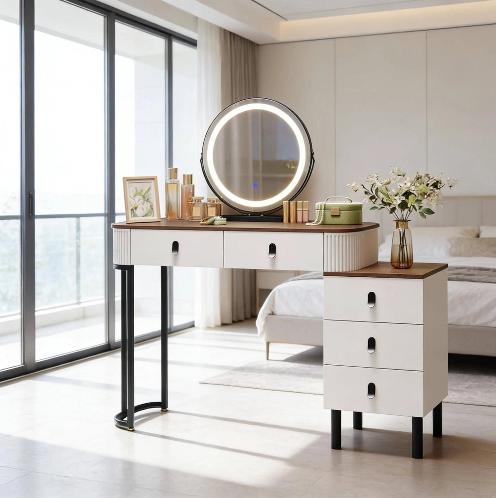 Toeletta con specchio LED Ø 45 cm e 5 cassetti, marrone e bianca