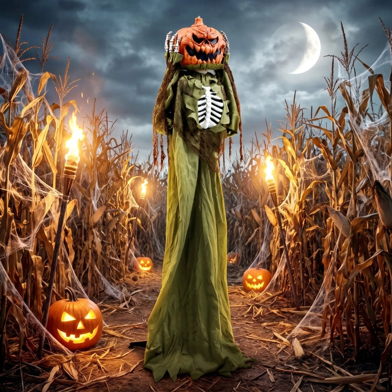 Scheletro di Zucca Pop-up Animato 173 cm, Decorazione Halloween Spaventosa con Luce e Attivazione Sonora e Tattile