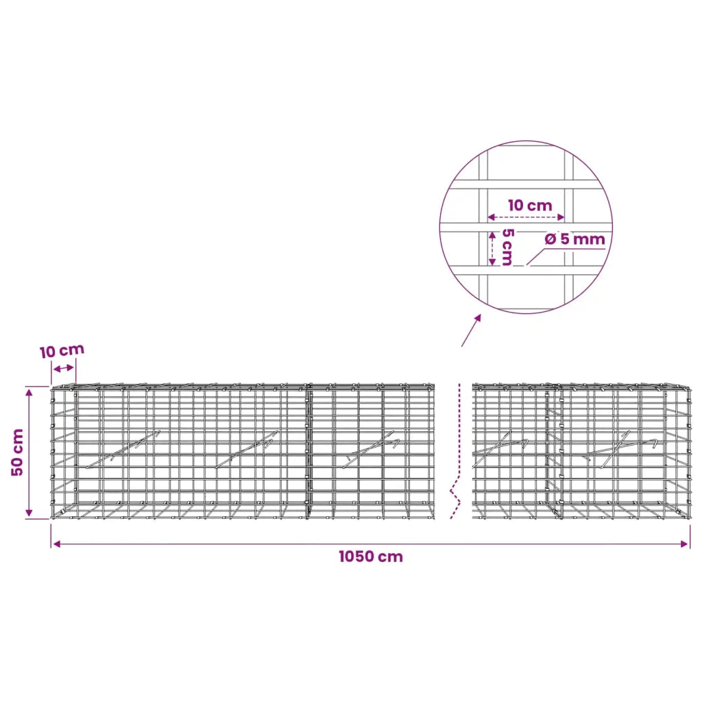 Gabione con Filo da 5 mm e Rete da 5x10 cm 1050x10x50 cm 3464439