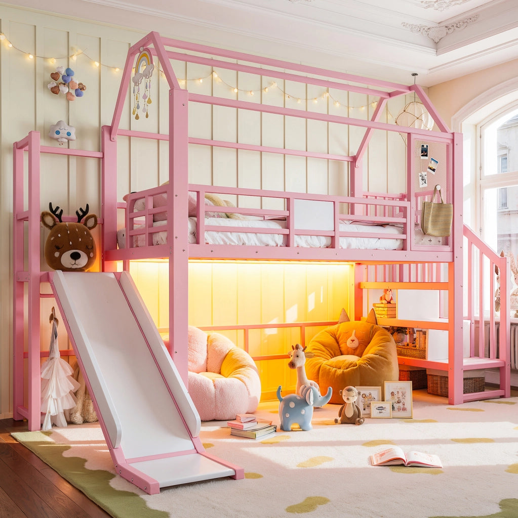 Letto a soppalco rosa per bambini con scivolo e scala