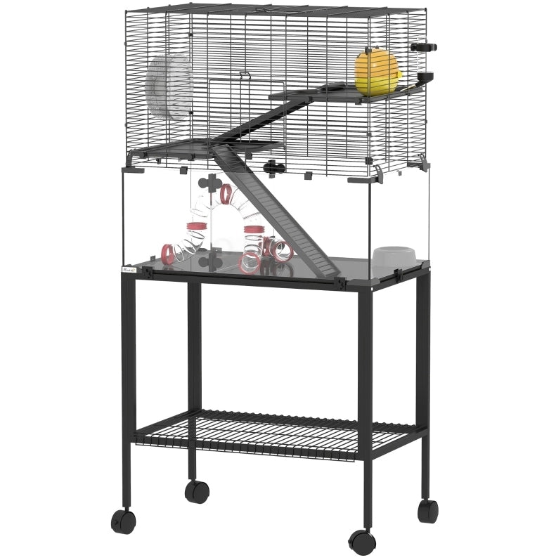 Gabbia per criceti 77x49x130,5 cm in acciaio nero a 3 livelli con accessori