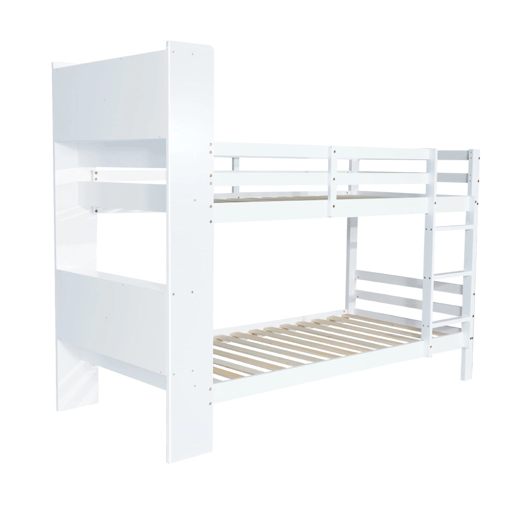 Letto a castello 90x200 cm salvaspazio con scaffali e scaletta; legno massello e MDF; bianco