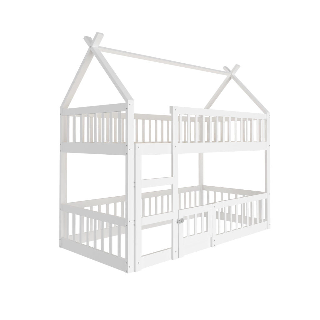 Letto a Castello per Bambini 90x200 cm in Legno Massiccio Bianco con Scaletta e Design a Soppalco