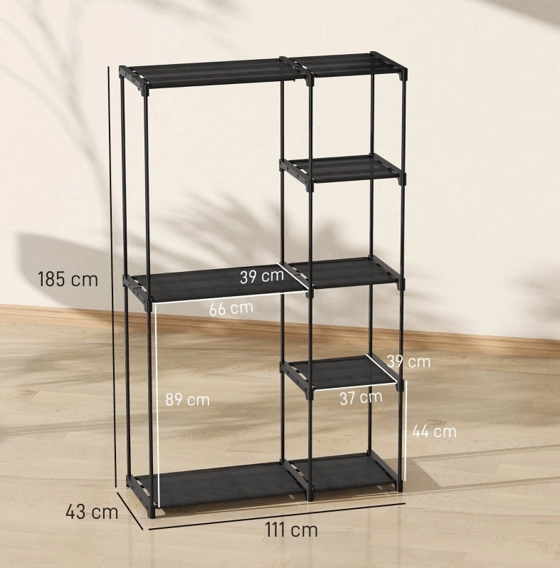 Armadio guardaroba 111 x 43 x 185 cm in acciaio nero, 2 barre e 6 ripiani