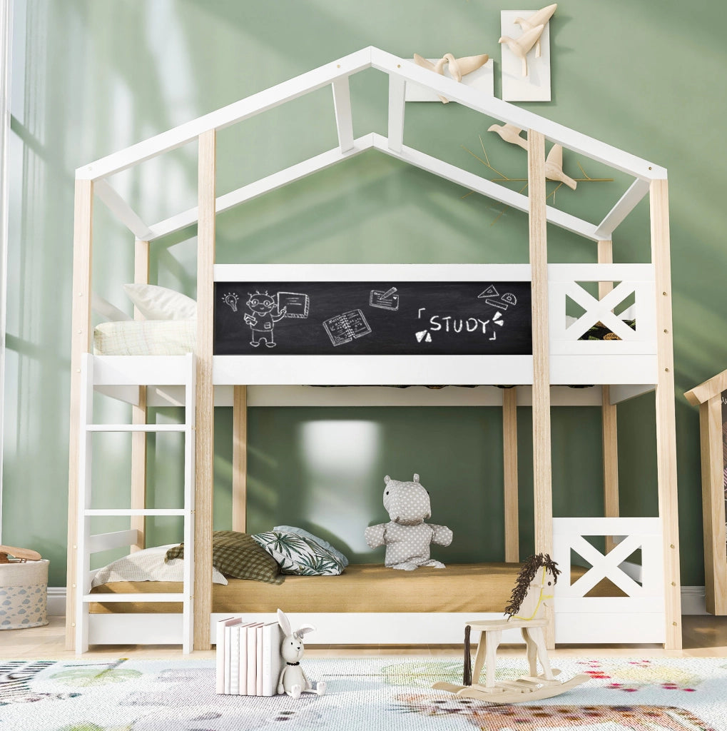 Letto a castello per bambini 90x200 cm con scala, tetto e rete a doghe in legno bianco per cameretta, senza materasso