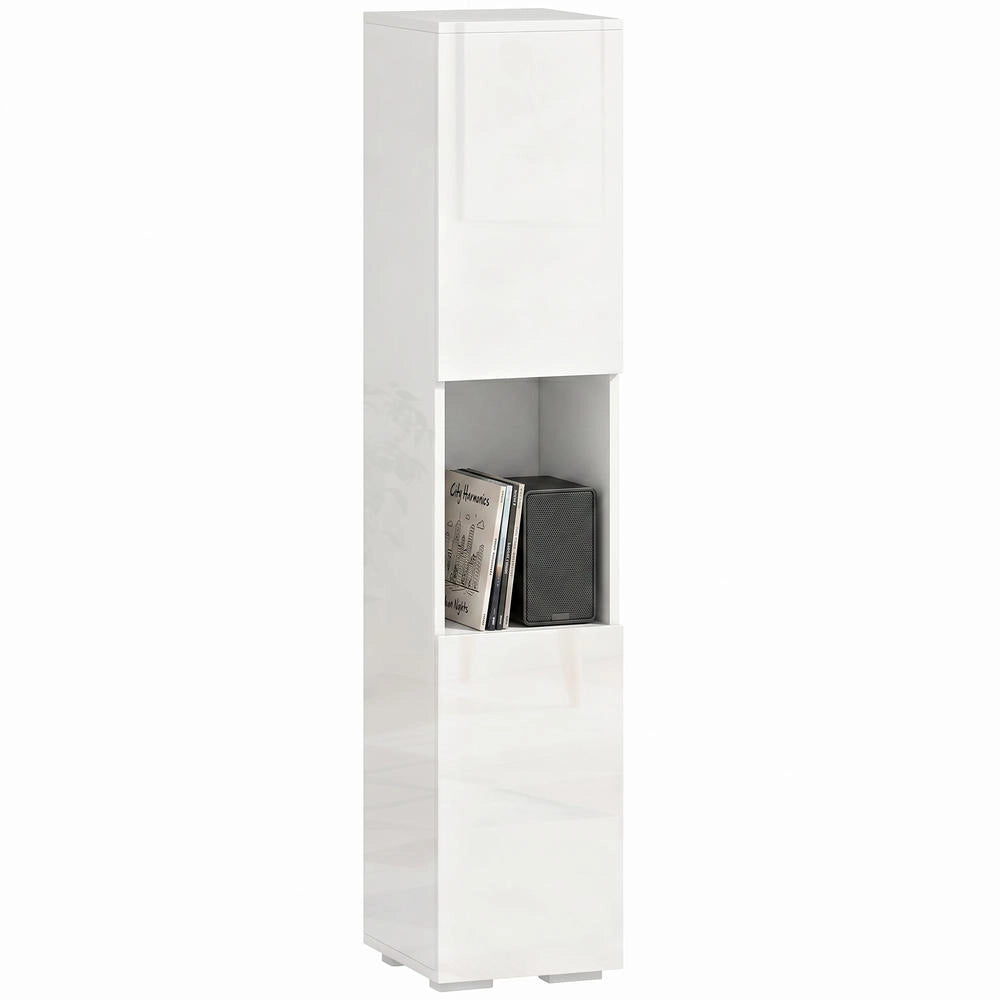 Mobile multimediale slim a 5 ripiani regolabili porta CD e router, scaffale compatto salvaspazio, bianco