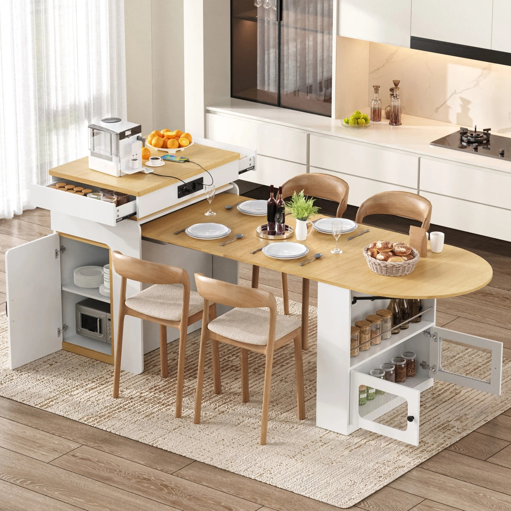 Isola cucina allungabile bianca con ruote, LED e ricarica USB