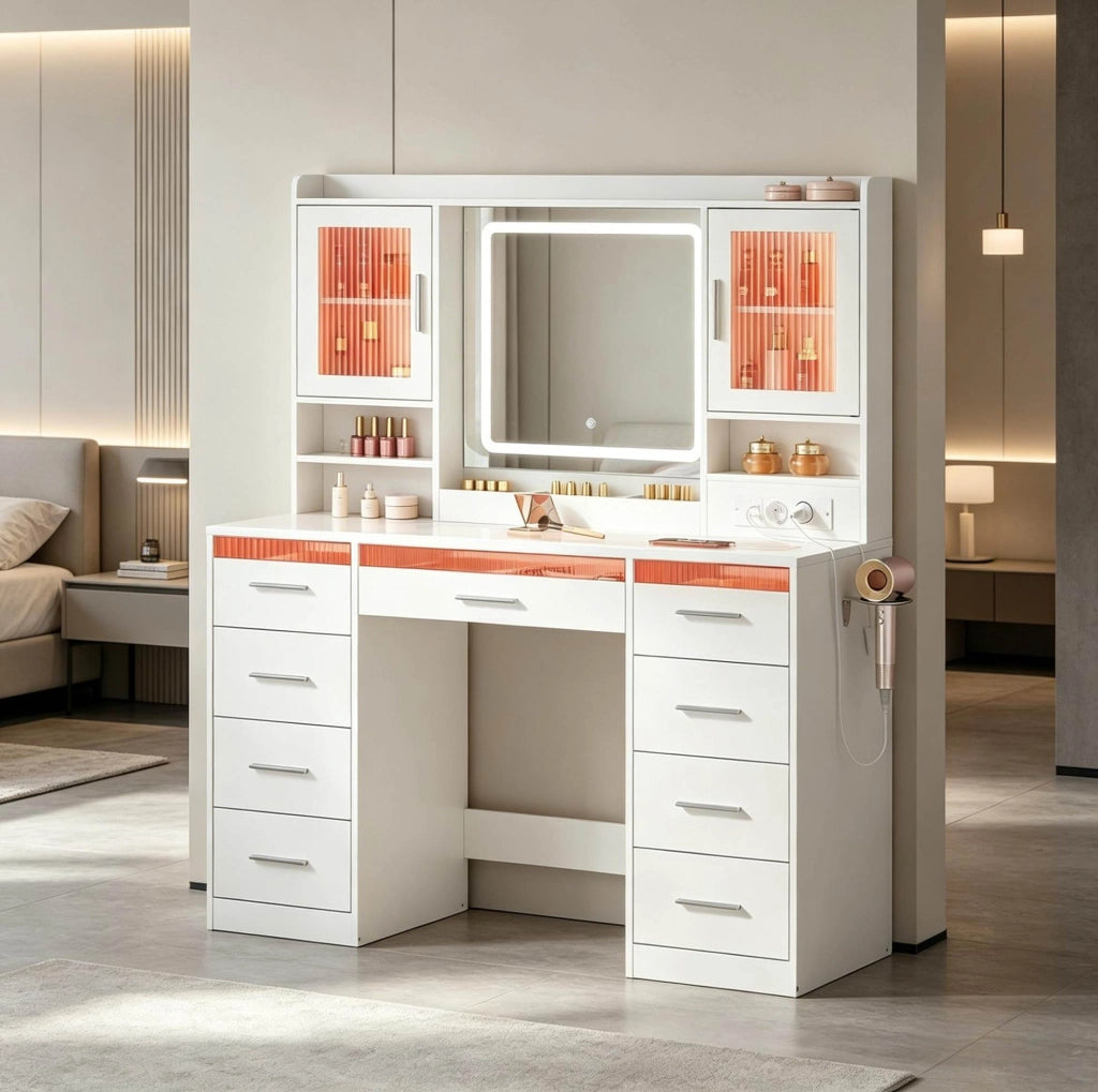 Toeletta bianca con specchio LED, piano in vetro e prese USB