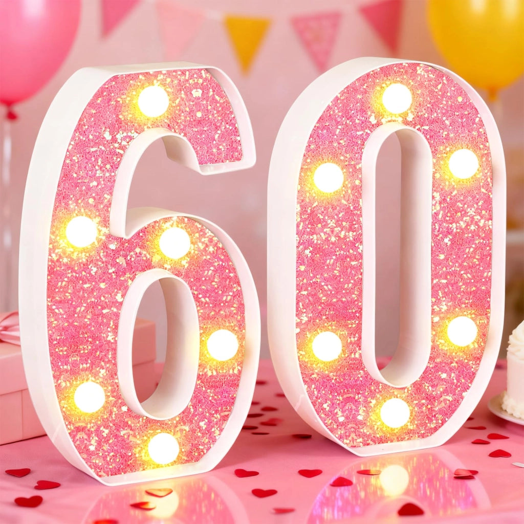 Lampada a forma di numero 60, con lettere LED e glitter, colore rosa, dimensioni 21x12,3 cm