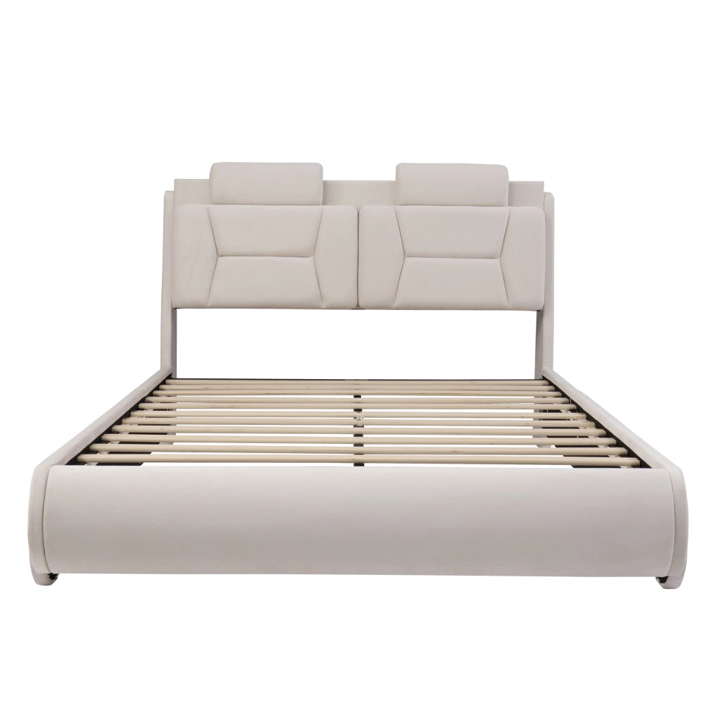 Letto imbottito per bambini 140x200 cm in flanella crema con design auto e testiera regolabile