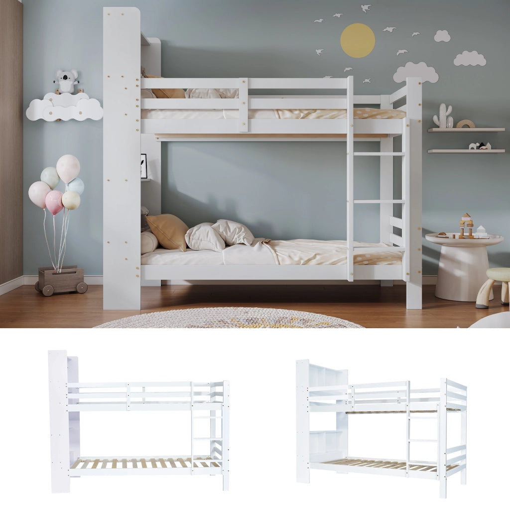 Letto a castello 90x200 cm salvaspazio con scaffali e scaletta; legno massello e MDF; bianco