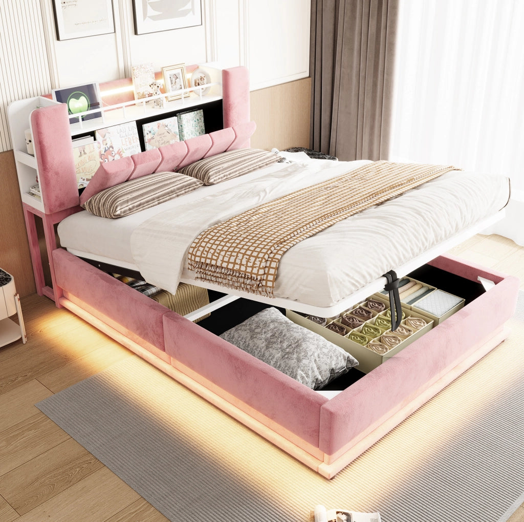 Letto contenitore imbottito 140 x 200 cm rosa con LED e prese USB