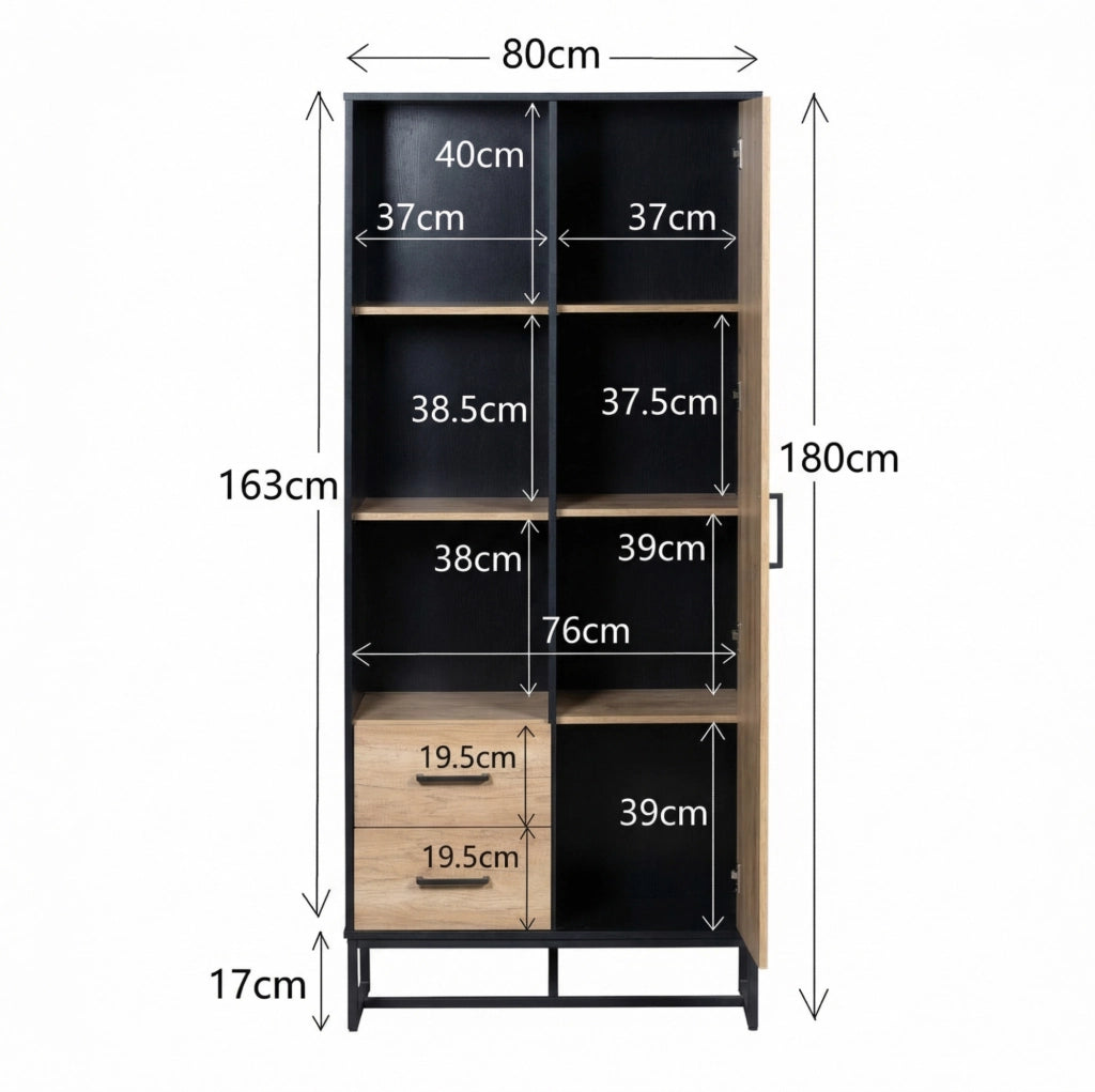 Mobile alto 80x40x180 cm con anta; 2 cassetti e 3 vani in MDF; nero e legno