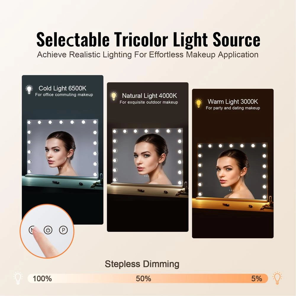 Specchio per trucco CQ8060 con lampadine LED dimmerabili USB tipo C rotazione a 360 gradi ingranditore 5X acciaio bianco 800x138x622 mm
