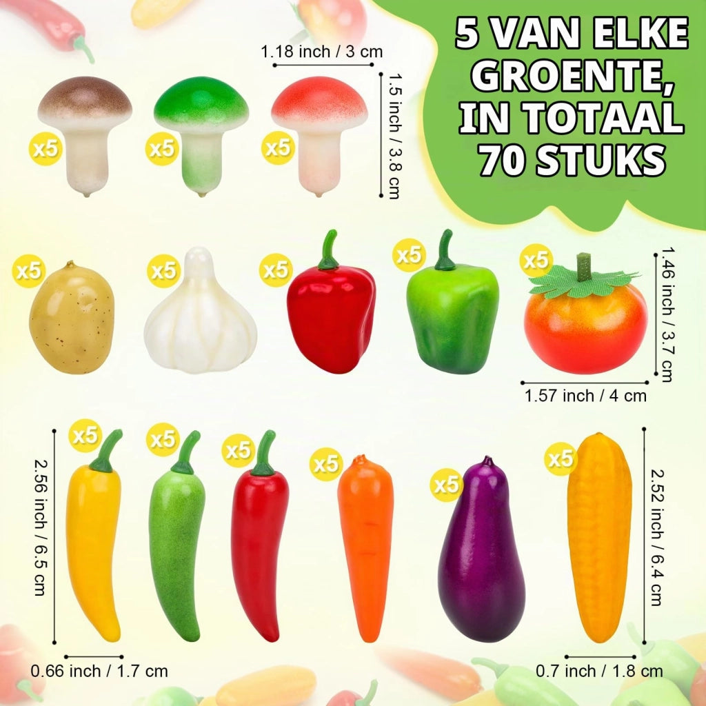 70 mini-verdure in plastica: aglio, mais, peperoni, zucca