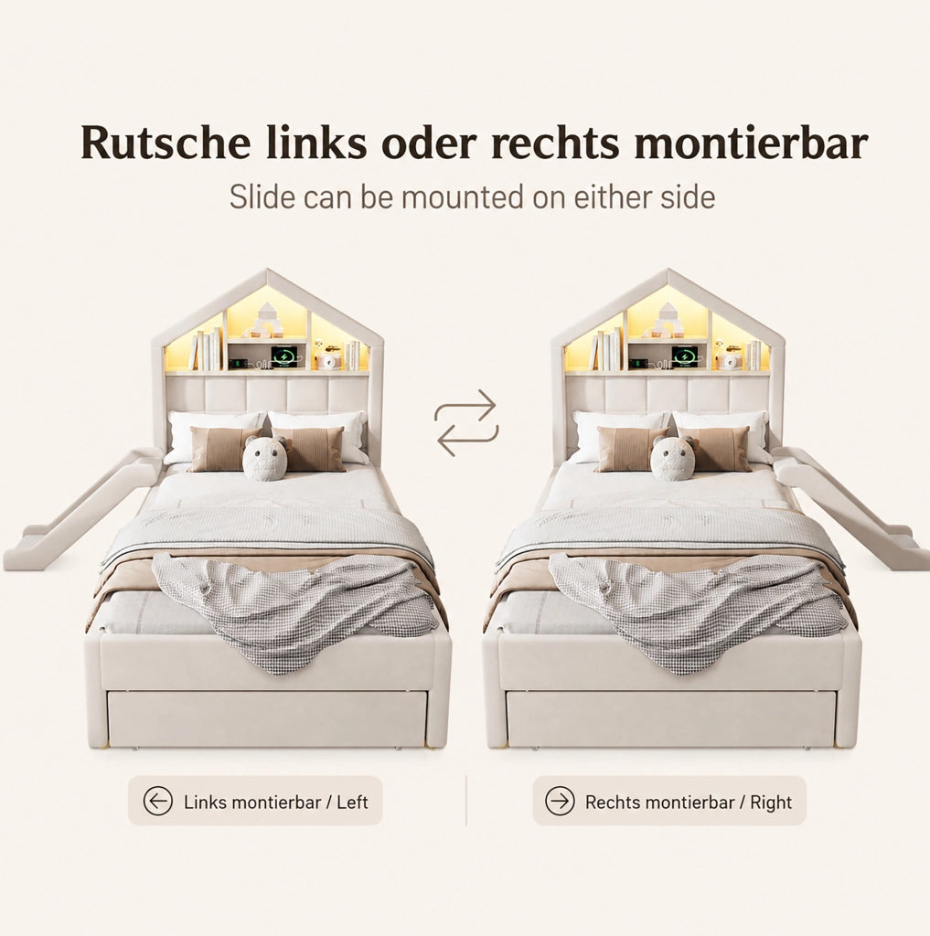 Letto per bambini imbottito beige 90 x 200 cm con scivolo e contenitore