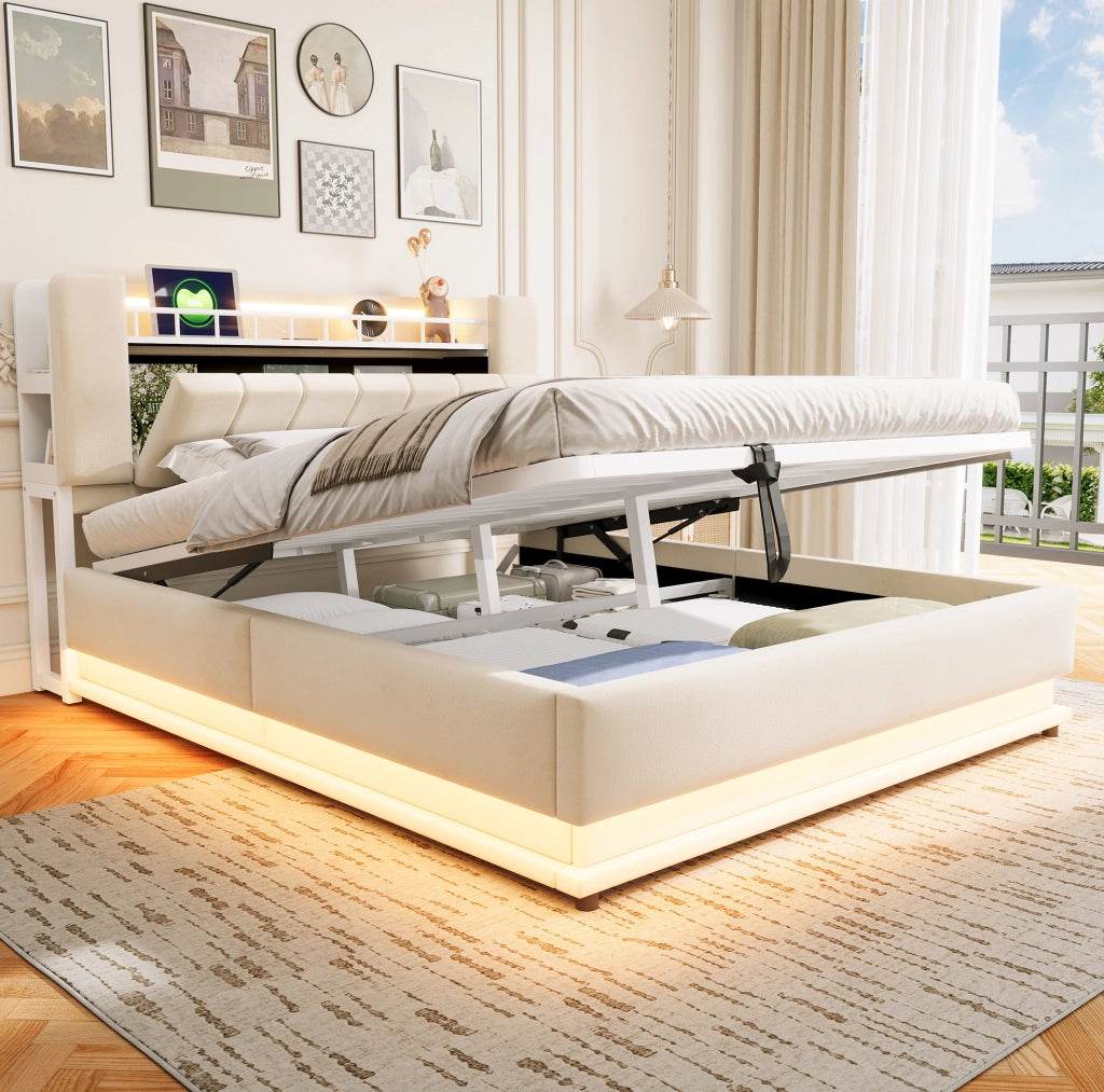 Letto imbottito 160x200 cm beige con LED, USB e contenitore
