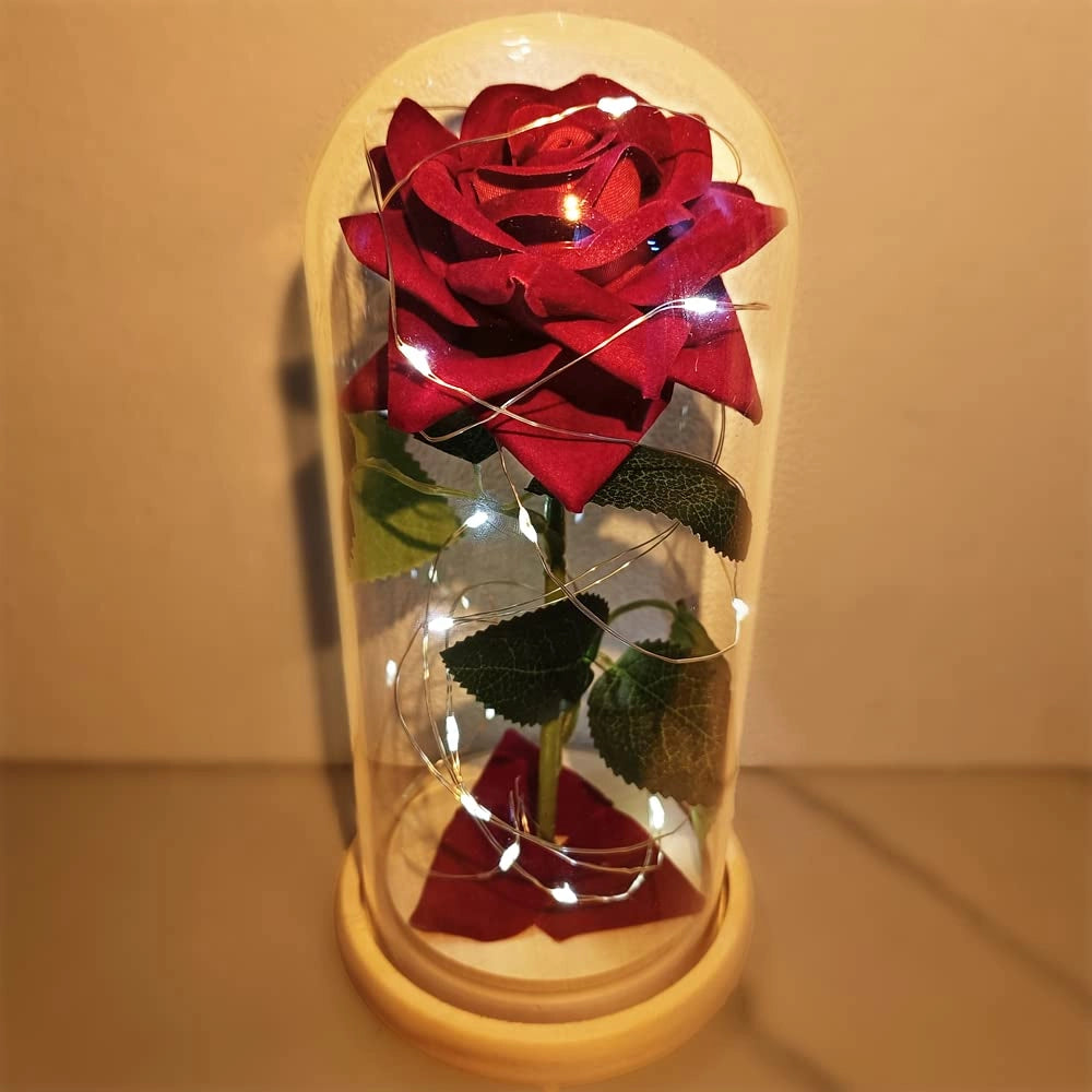 Rosa artificiale in cupola di vetro con illuminazione a LED, personalizzabile, confezione singola