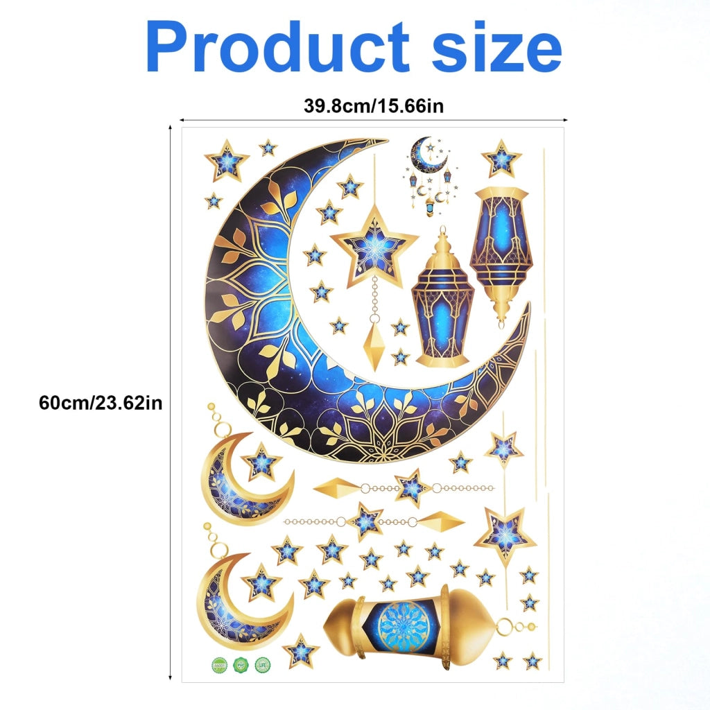 Adesivi murali per Ramadan, dimensioni 39,8x60 cm, con decorazioni di luna, stelle e lanterne, con la scritta "Eid Mubarak"