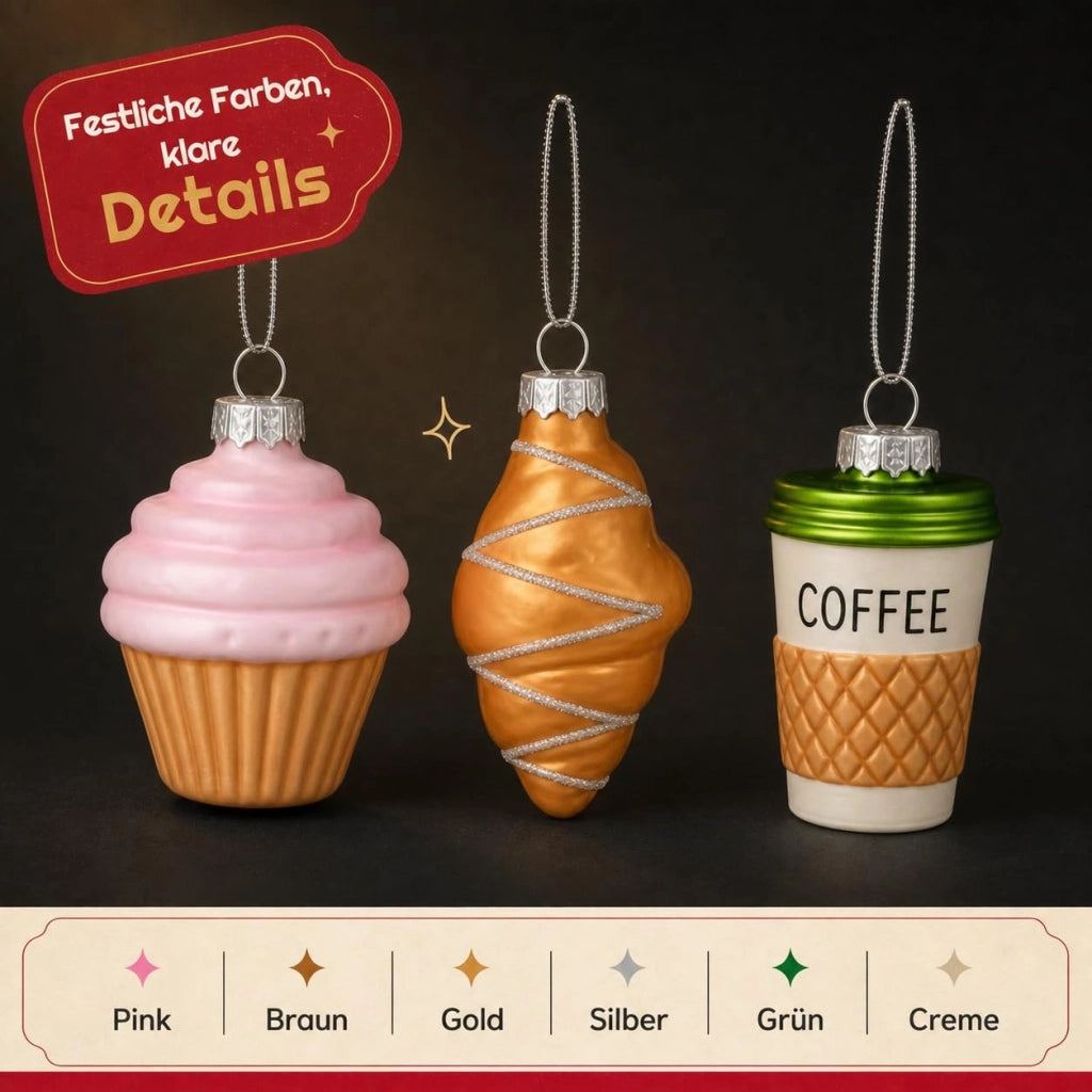 Set di 3 decorazioni natalizie in vetro: caffè e pasticcini