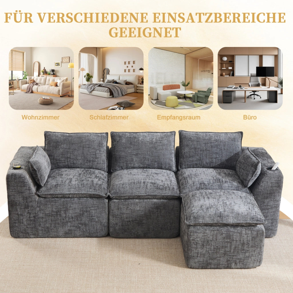 Divano modulare in ciniglia grigio scuro con pouf e cuscini