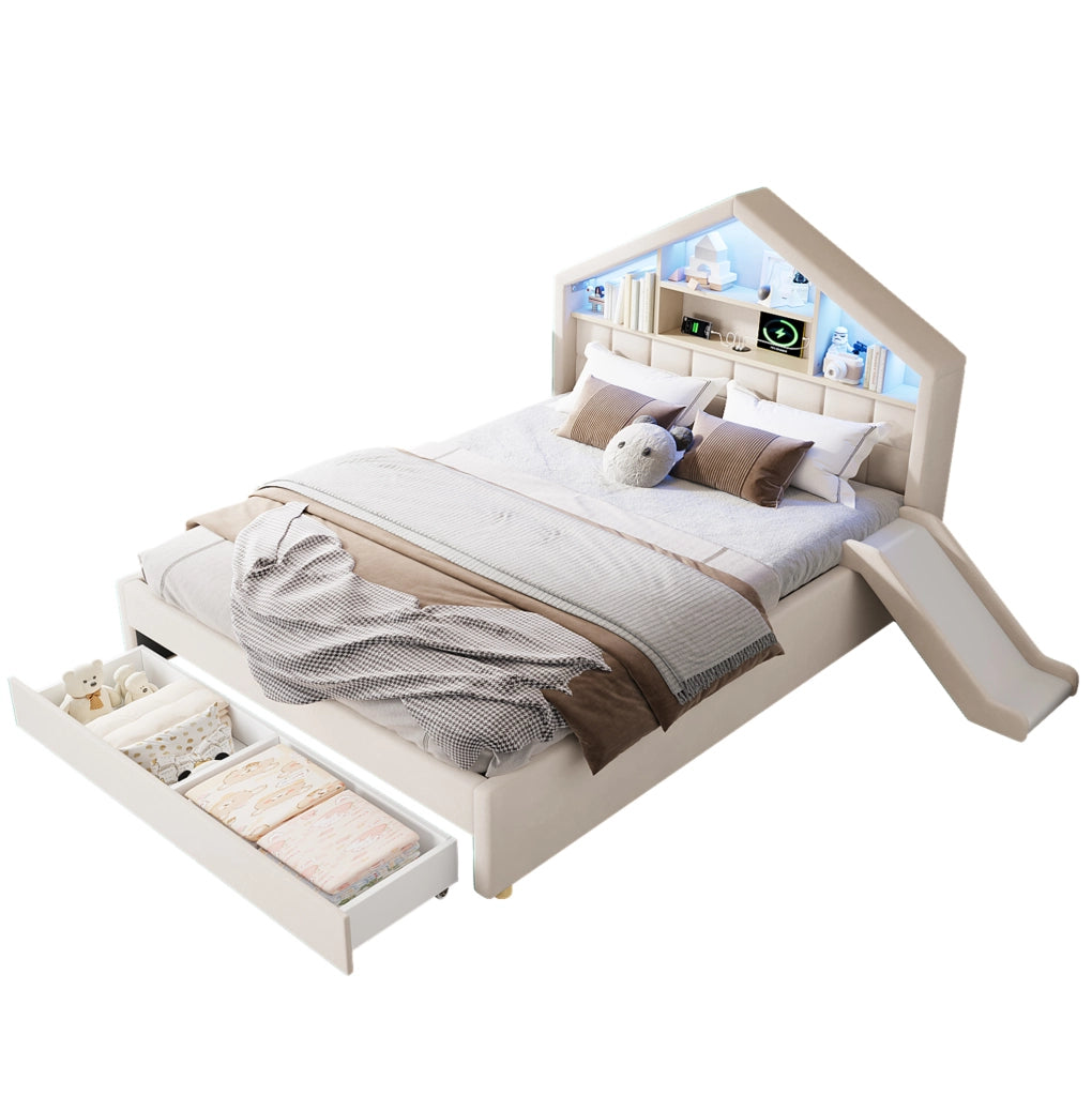 Letto per bambini imbottito beige 140 x 200 cm con scivolo e cassetto