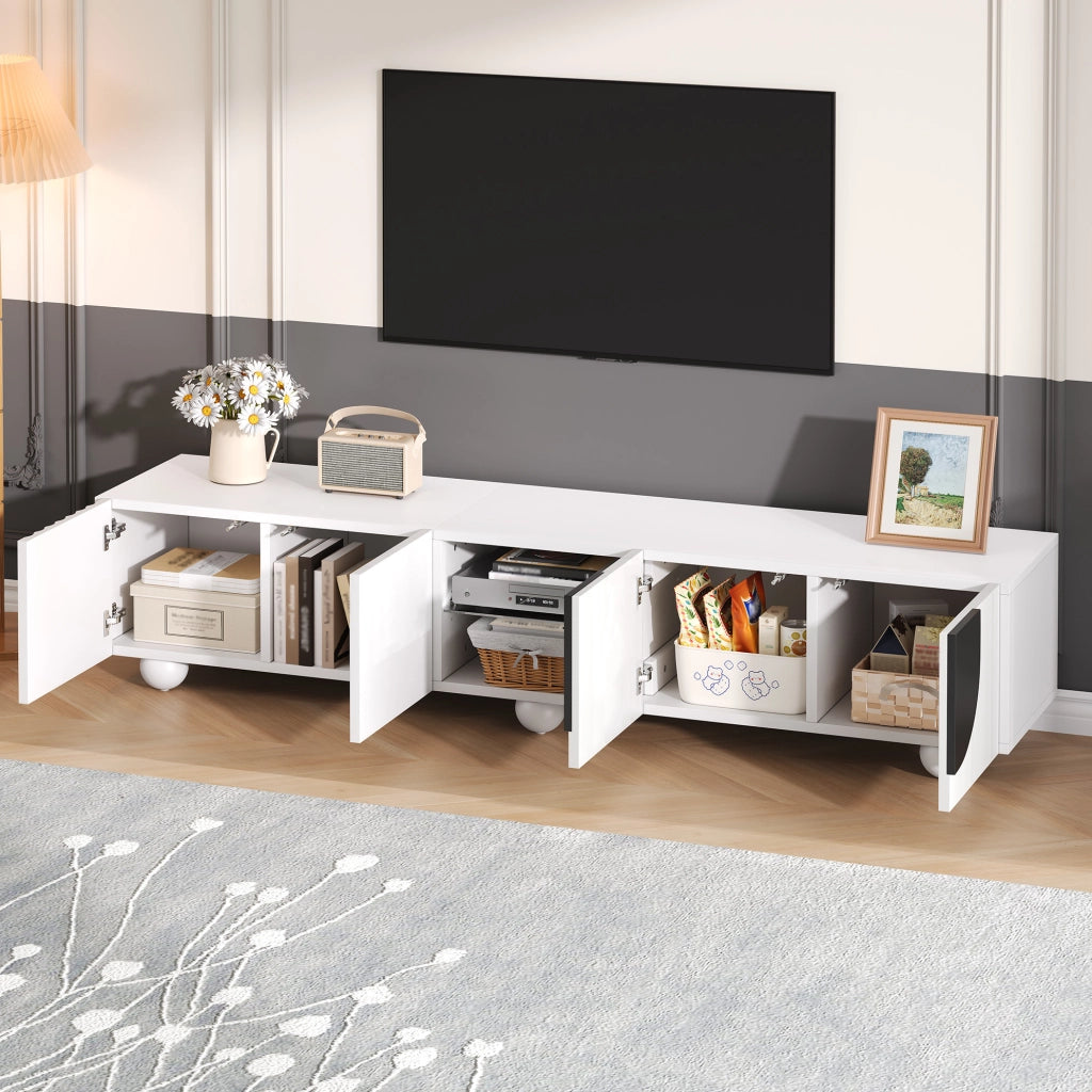 Mobile TV moderno bianco con ante push-to-open, 180x40x41,5 cm, in PB e MDF