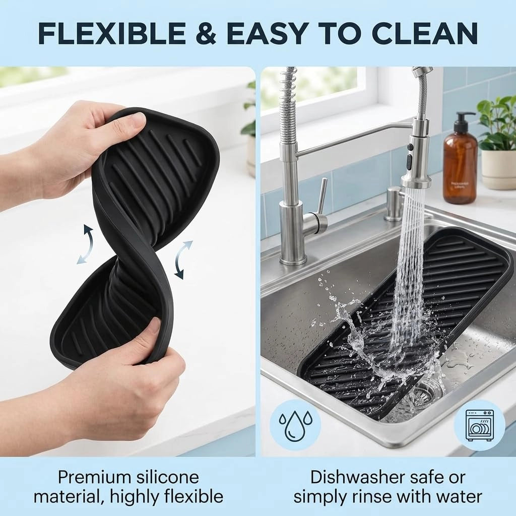 Set da 2 organizer in silicone per lavello, colore nero, dimensioni 23x9 cm