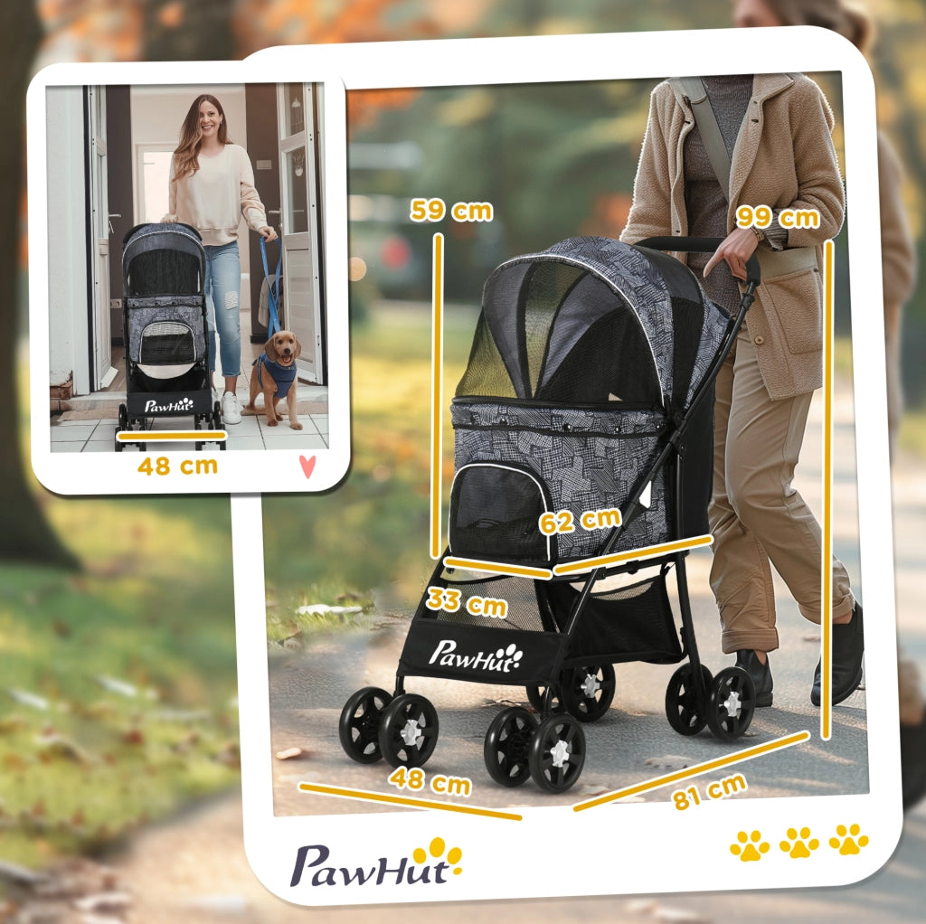 Passeggino pieghevole per cani e gatti con freni, nero