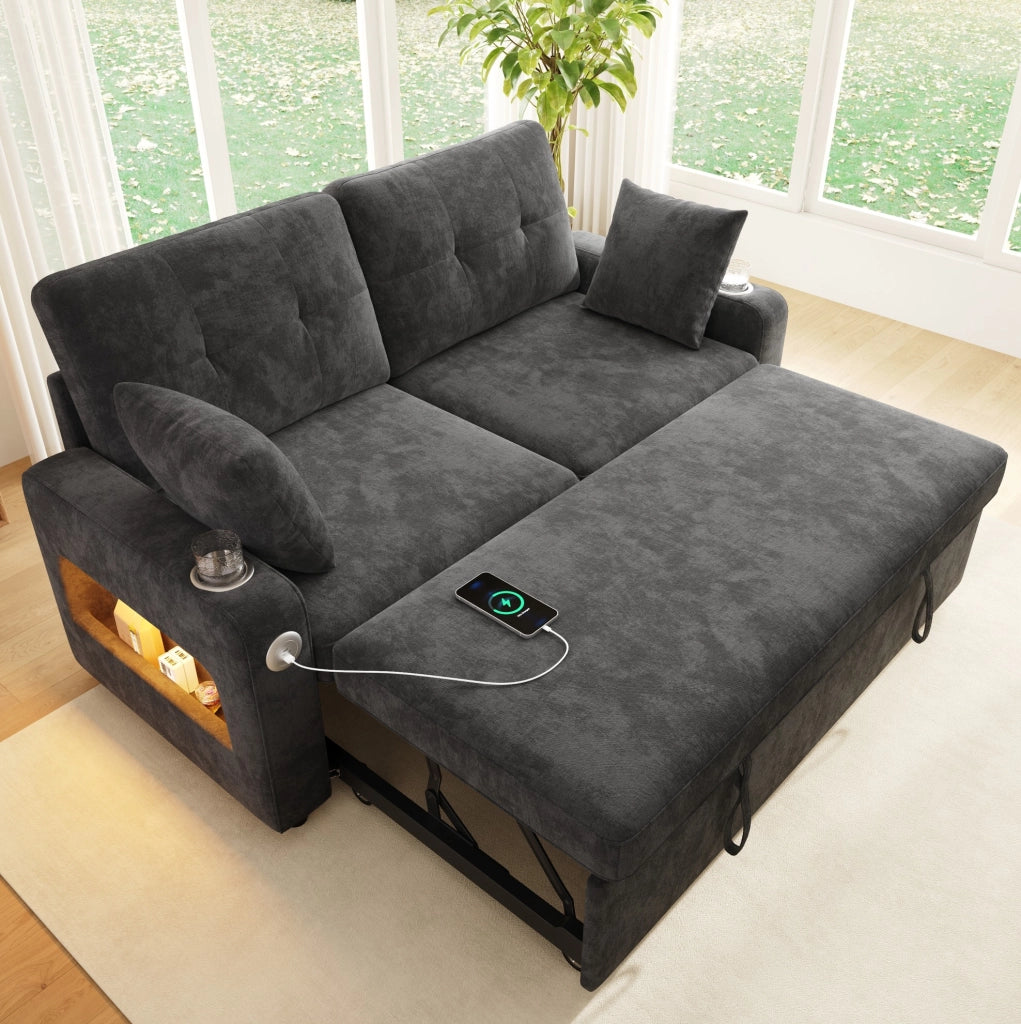 Divano letto 2 posti grigio in ciniglia con LED, USB e vano portaoggetti