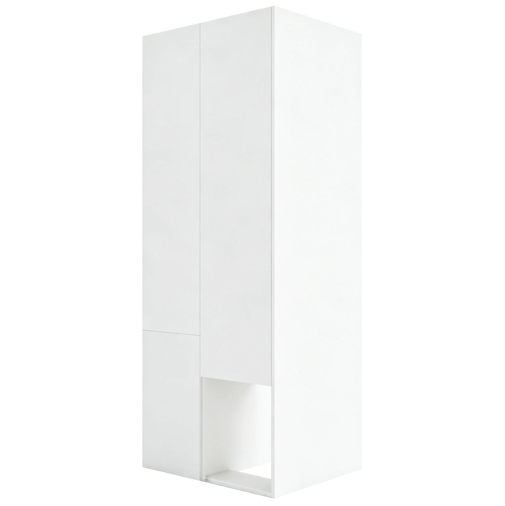 Armadio bianco e color legno con ripiani, appendiabiti e cassetti