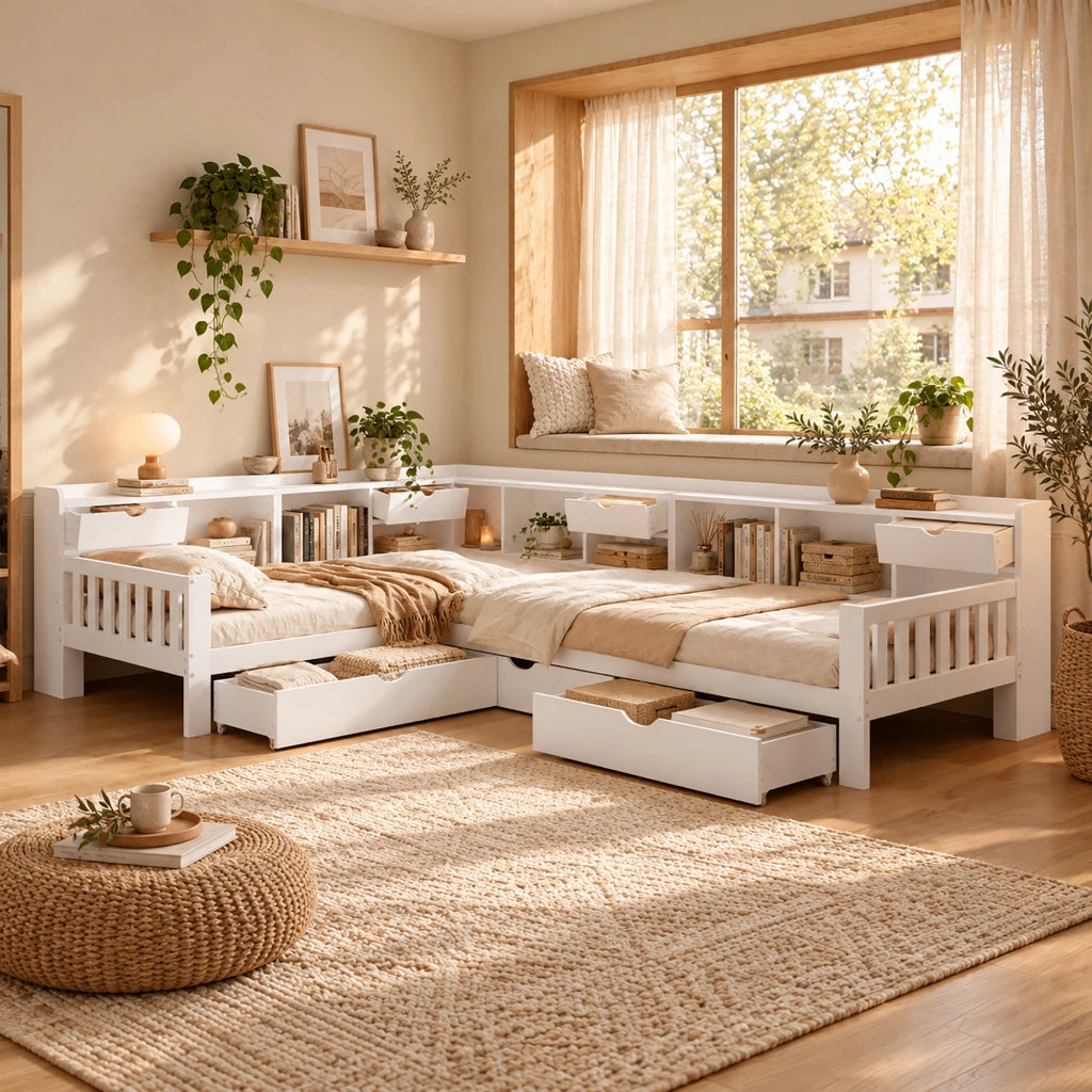 Letto per bambini a L 90x200 cm; 2 posti letto; contenitore; ripiani e 3 cassetti; in legno; bianco