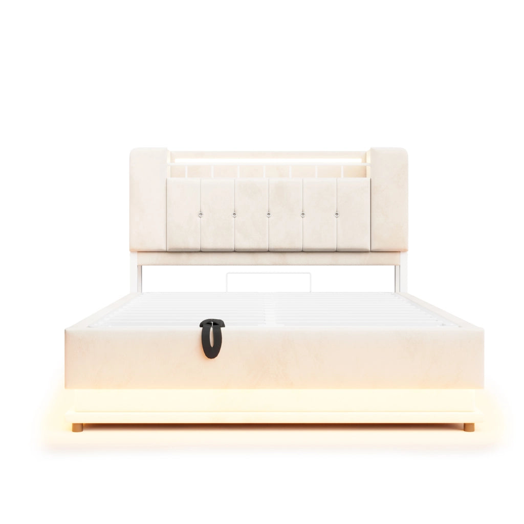 Letto contenitore imbottito 140 x 200 cm beige con LED e USB