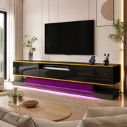 Mobile TV moderno nero lucido con tre cassetti e vano aperto, LED multicolore, 180x38x45 cm