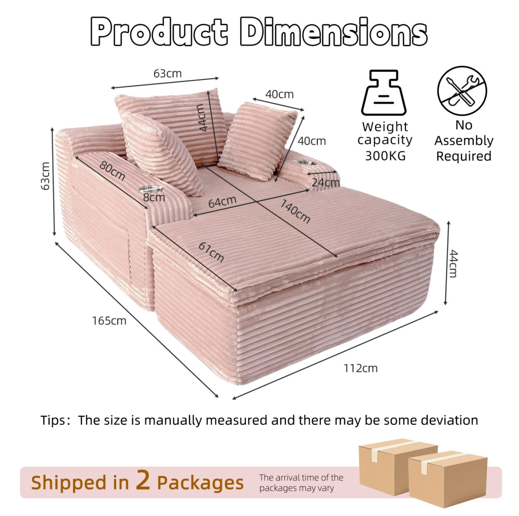 Divano da terra con chaise longue 165x112x63 cm in velluto a coste; rosa