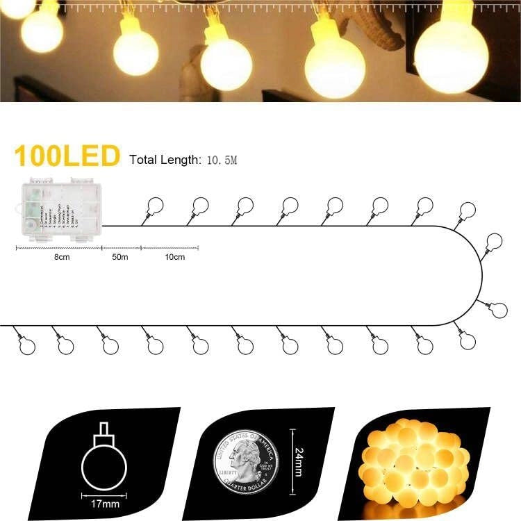Catena luminosa a LED, lunghezza 10,5 metri, 100 LED, alimentazione a batteria, con telecomando