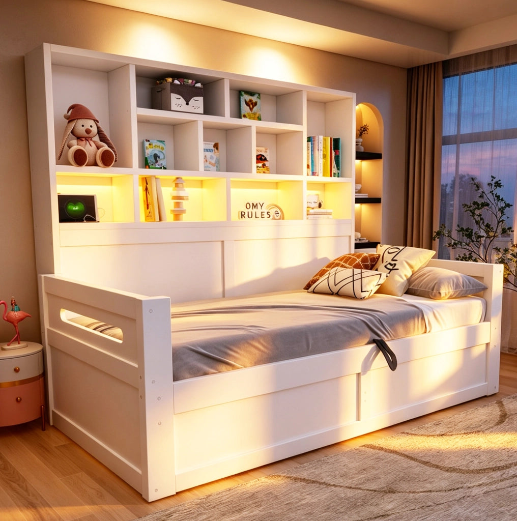 Letto singolo 90 x 200 cm bianco con vano contenitore, LED e prese